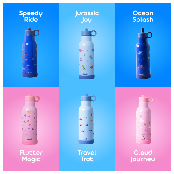 Bentotss Sipper bottle designs, including "Speedy Ride," "Jurassic Joy," "Ocean Splash," "Flutter Magic," "Travel Trot," and "Cloud Journey"