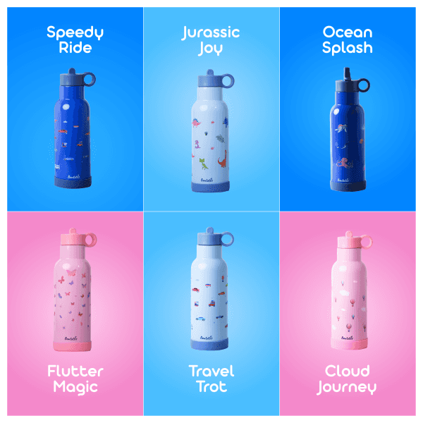Bentotss Sipper bottle designs, including "Speedy Ride," "Jurassic Joy," "Ocean Splash," "Flutter Magic," "Travel Trot," and "Cloud Journey"