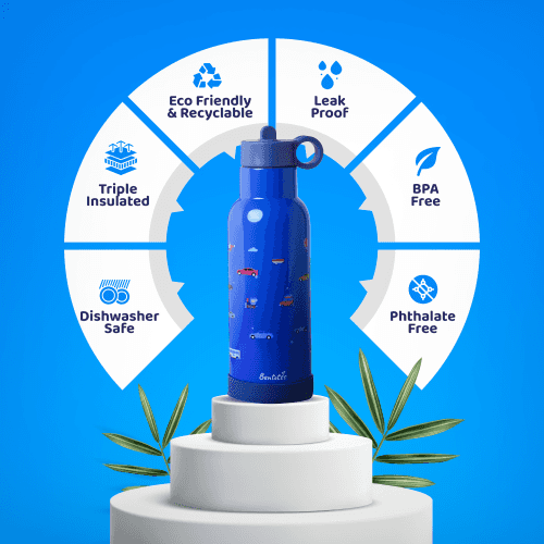 Bentotss Sipper bottle graphic highlighting features: leak-proof, durable stainless steel, thermal-insulated, and eco-friendly design