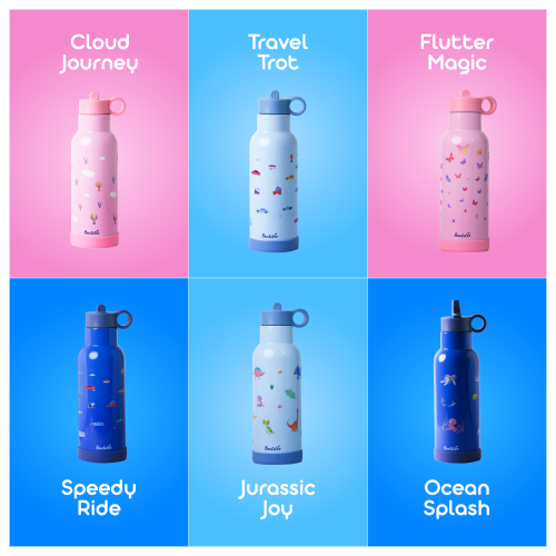Bento Sipper designs in different colors and themes, including "Cloud Journey," "Travel Trot," "Flutter Magic," "Speedy Ride," "Jurassic Joy," and "Ocean Splash"