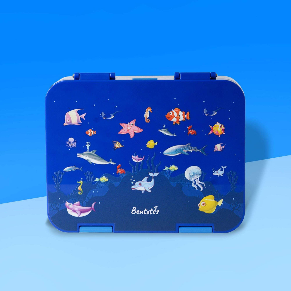 Bento Ocean Splash kids lunchbox by Bentotss in dark blue with underwater sea animal illustrations on a blue background