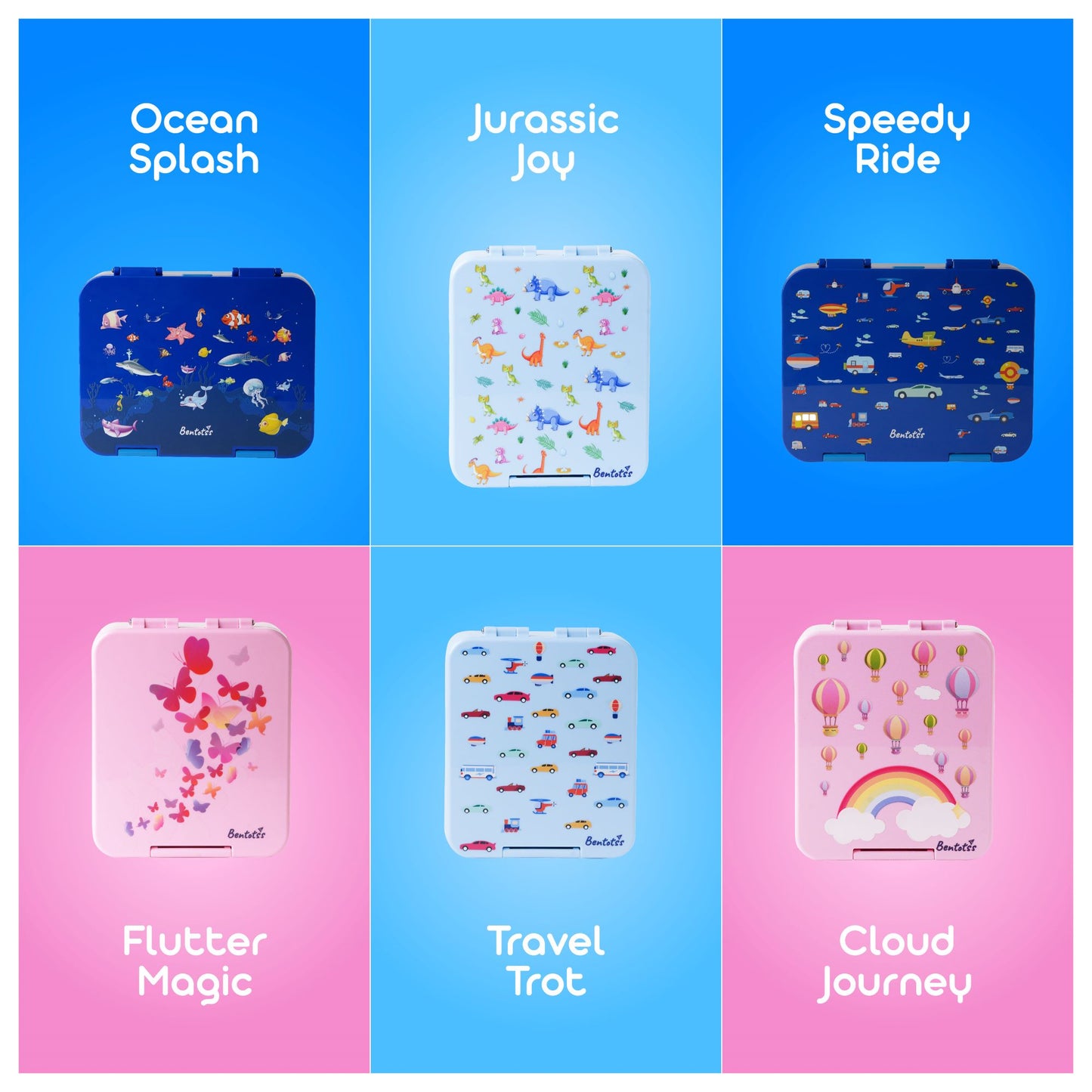 Bento lunchbox collection by Bentotss featuring color variants including Ocean Splash, Jurassic Joy, Flutter Fun, and Cloud Journey