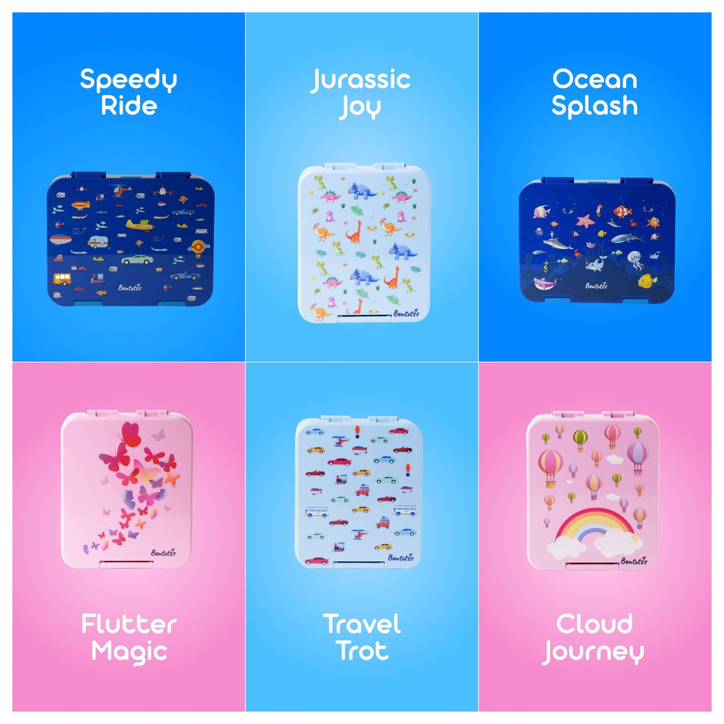 Bentotss Bento Box collection β Speedy Ride, Cloud Journey, Flutter Fly, and Ocean Splash color options