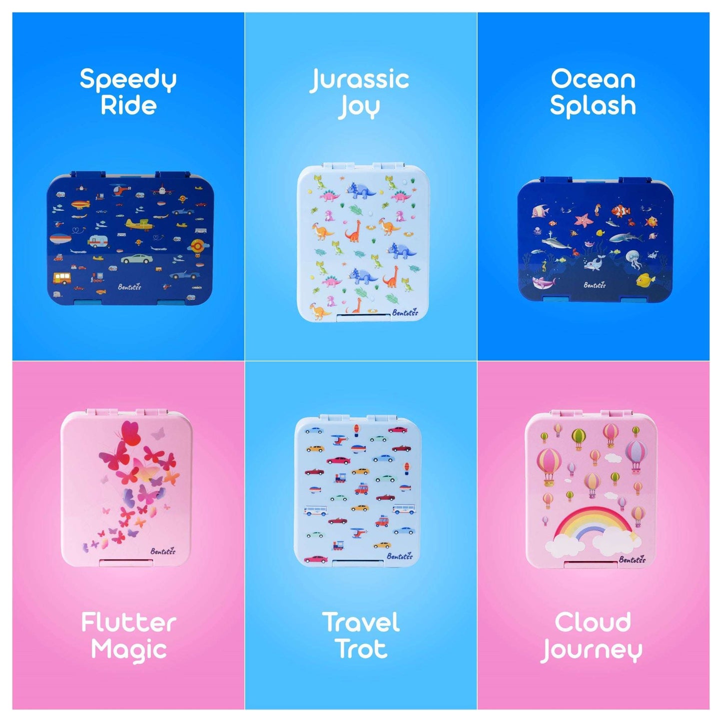 Bentotss Bento Box collection β Speedy Ride, Cloud Journey, Flutter Fly, and Ocean Splash color options
