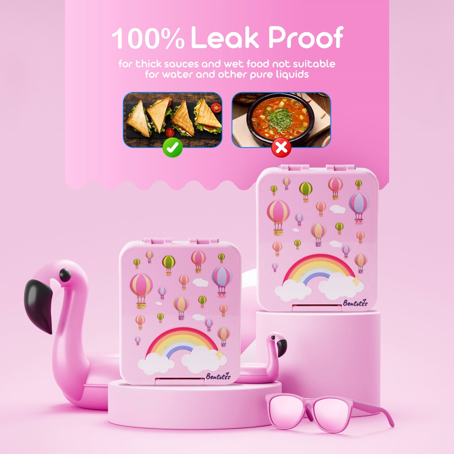 Bentotss lunch box highlighting the 100% Leak Proof feature with examples of food.
