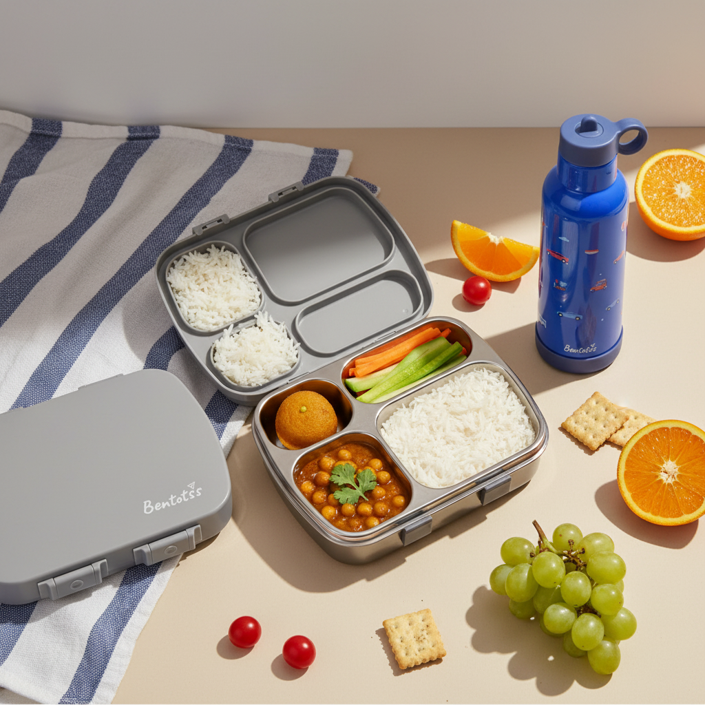 Platinum Grey Bento Box and Speedy Ride Blue Sipper Combo with fresh food items