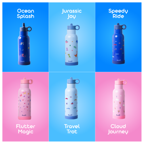 Bentotss Sipper bottle designs, including "Ocean Splash," "Jurassic Joy," "Speedy Ride," "Flutter Magic," "Travel Trot," and "Cloud Journey"
