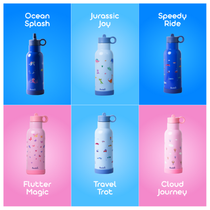 Bentotss Sipper bottle designs, including "Ocean Splash," "Jurassic Joy," "Speedy Ride," "Flutter Magic," "Travel Trot," and "Cloud Journey"