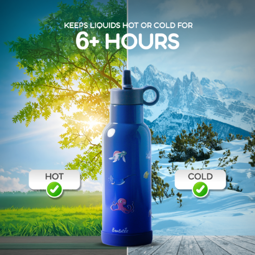 Bentotss Ocean Splash Blue Sipper bottle in a sunny, snowy mountain scene, illustrating its ability to keep drinks hot or cold for 6+ hours