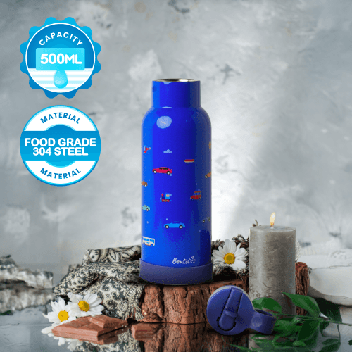 Close up of Cosmic Carry kids insulated sipper bottle with space print and eco-friendly materials