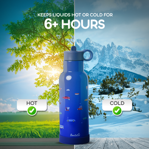 Bentotss Speedy Ride Blue Sipper in a nature scene, illustrating its ability to keep drinks hot or cold for 6+ hours