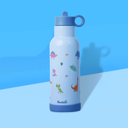 Jurassic Joy Light blue stainless steel kids sipper bottle with dinosaur prints on a blue background