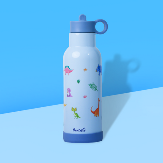Jurassic Joy Light blue stainless steel kids sipper bottle with dinosaur prints on a blue background