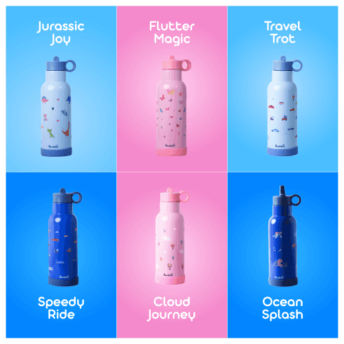 Color variants of Bento stainless steel sipper bottles by Bentotss including Jurassic Joy, Flutter Fun, Forest Frolic, and Ocean Splash