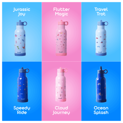 Color variants of Bento stainless steel sipper bottles by Bentotss including Jurassic Joy, Flutter Fun, Forest Frolic, and Ocean Splash