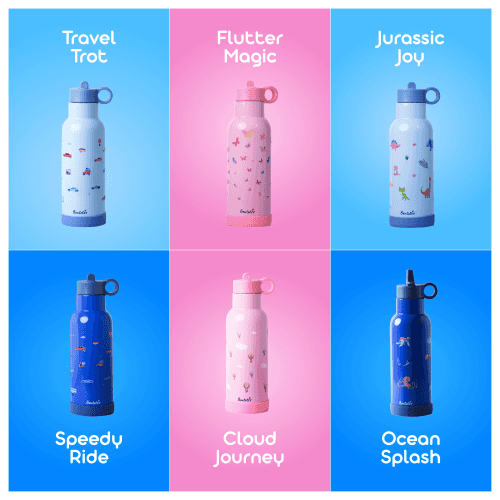 Bento Sipper bottle designs in different colors, including "Travel Trot," "Flutter Magic," "Jurassic Joy," "Speedy Ride," "Cloud Journey," and "Ocean Splash"