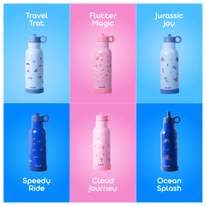 Bento Sipper bottle designs in different colors, including "Travel Trot," "Flutter Magic," "Jurassic Joy," "Speedy Ride," "Cloud Journey," and "Ocean Splash"