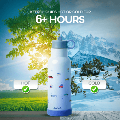 Bentotss Travel Trot Light Blue Sipper bottle in a winter mountain scene, illustrating its ability to keep drinks hot or cold for 6+ hours