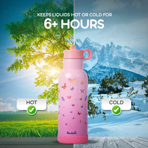 Butterfly Magic Pink Bento Sipper keeps drinks hot or cold for 6+ hours