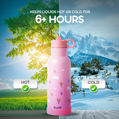 Bentotss Pink Sipper bottle in a winter landscape, illustrating its ability to keep drinks hot or cold for 6+ hours