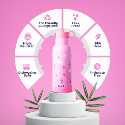 Cloud Journey pink Bento sipper bottle feature icons showing leak proof, BPA-free, triple insulation