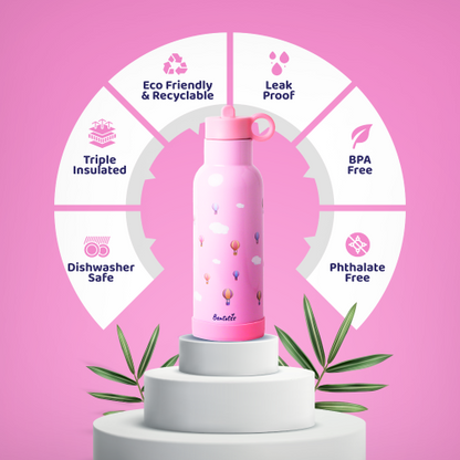 Cloud Journey pink Bento sipper bottle feature icons showing leak proof, BPA-free, triple insulation