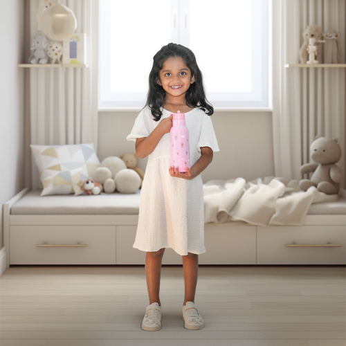 Girl holding the Bentotss Cloud Journey Pink Sipper bottle