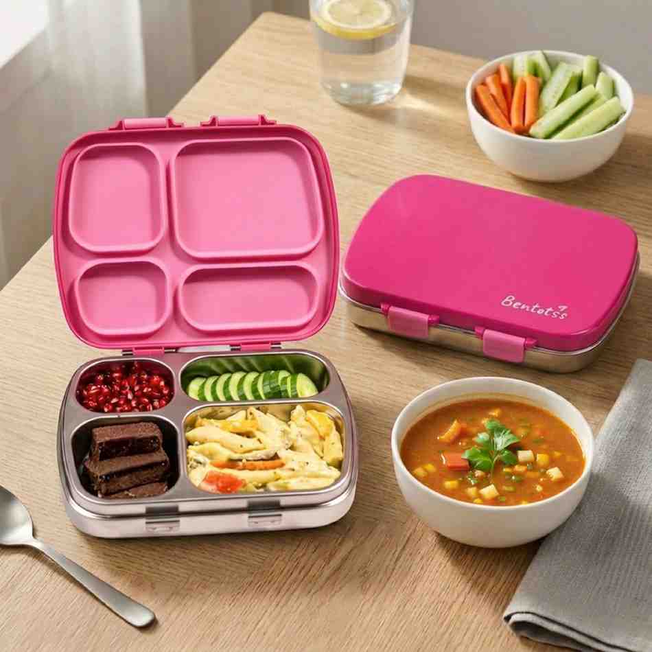 304 Stainless Steel 4 Compartment Leakproof Hot Pink Bento Lunch Box - Bentotss
