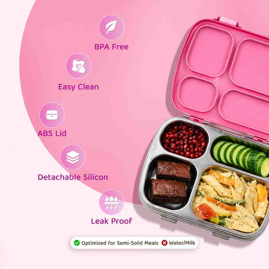 304 Stainless Steel 4 Compartment Leakproof Hot Pink Bento Lunch Box