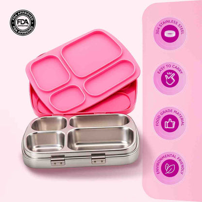 304 Stainless Steel 4 Compartment Leakproof Hot Pink Bento Lunch Box - Bentotss