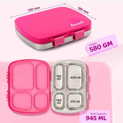304 Stainless Steel 4 Compartment Leakproof Hot Pink Bento Lunch Box - Bentotss