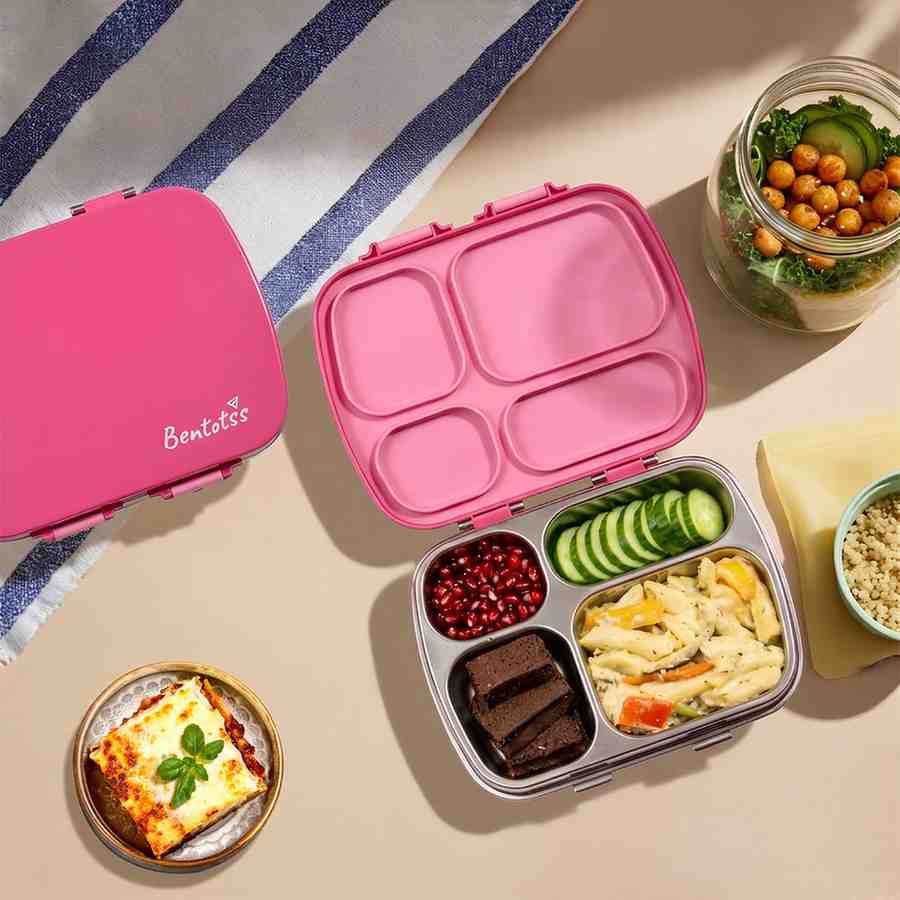 304 Stainless Steel 4 Compartment Leakproof Hot Pink Bento Lunch Box - Bentotss