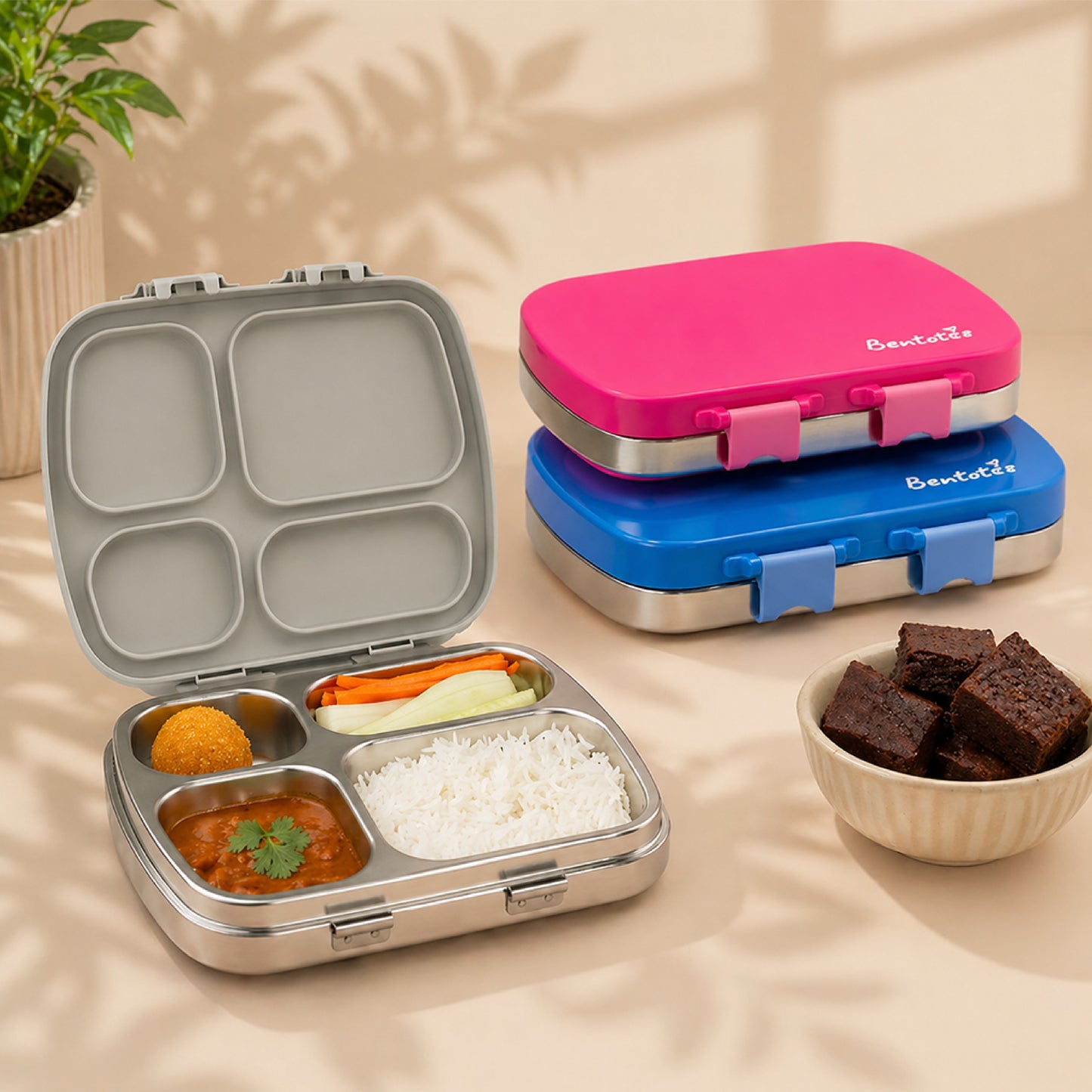 304 Stainless Steel 4 Compartment Leakproof Platinum grey Bento Lunch Box