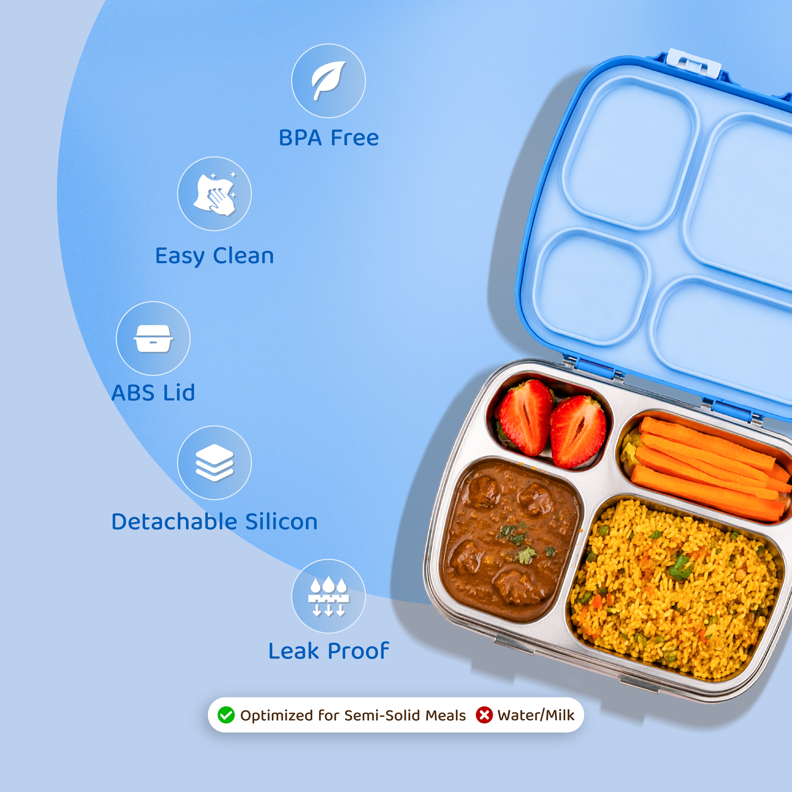 304 Stainless Steel 4 Compartment Leakproof Dodger blue Bento Lunch Box - Bentotss