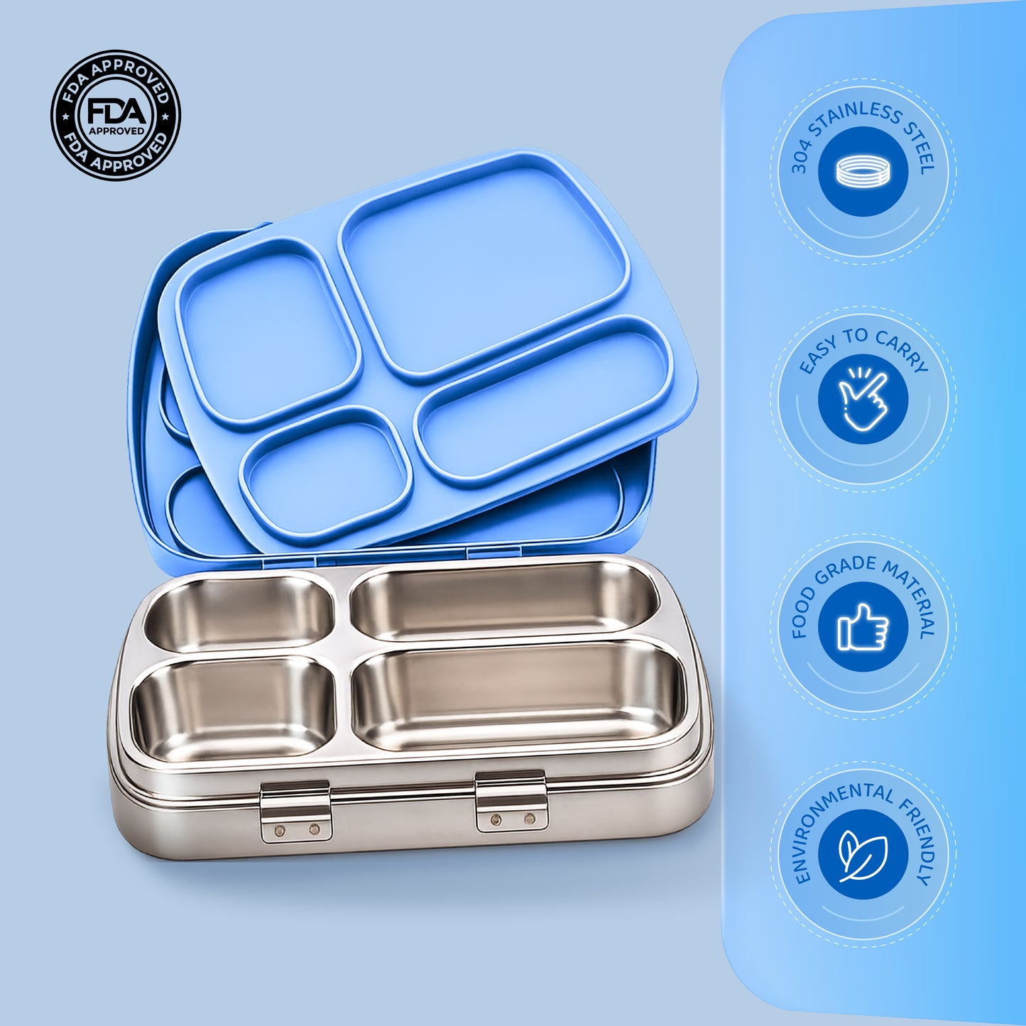 304 Stainless Steel 4 Compartment Leakproof Dodger blue Bento Lunch Box