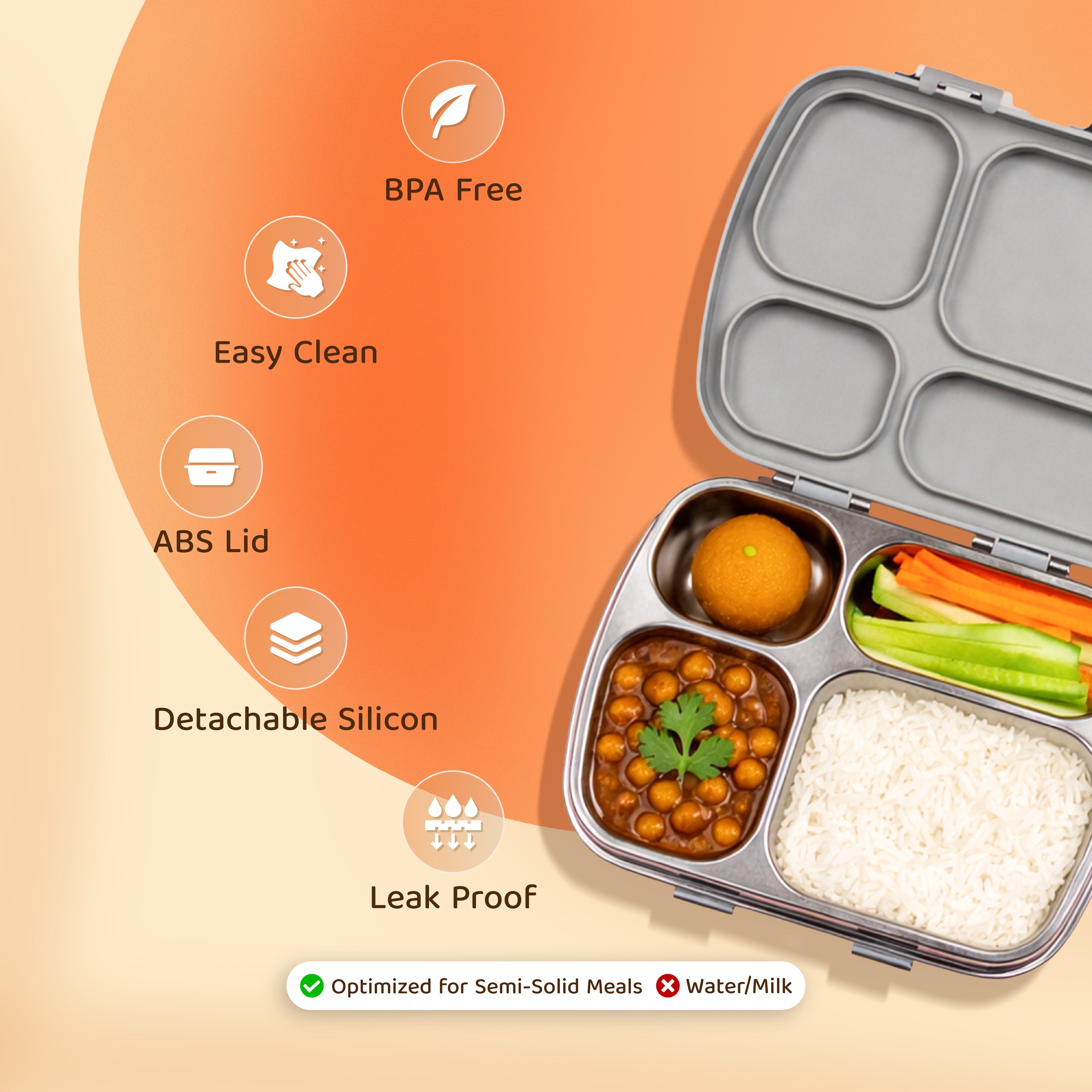 304 Stainless Steel 4 Compartment Leakproof Platinum grey Bento Lunch Box - Bentotss
