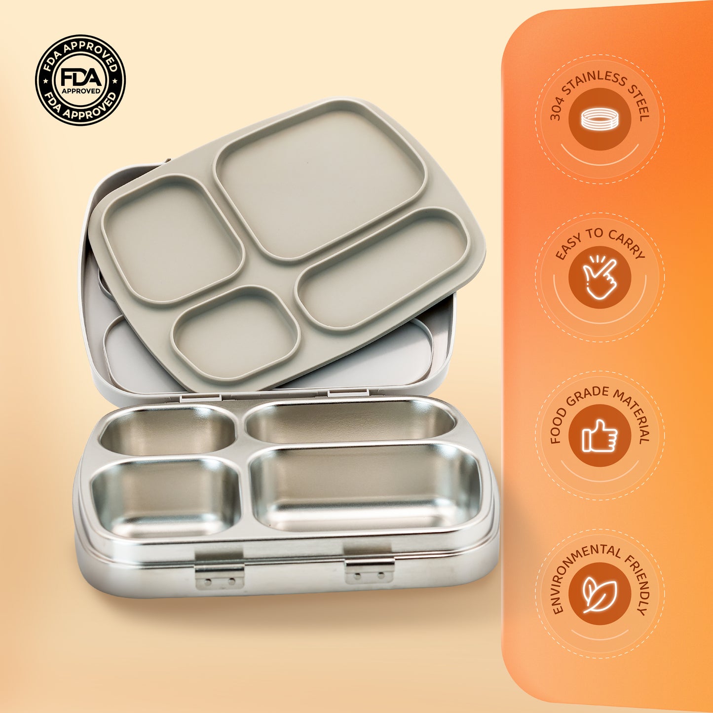 304 Stainless Steel 4 Compartment Leakproof Platinum grey Bento Lunch Box