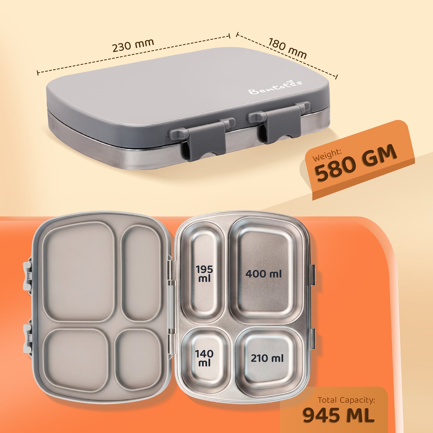 304 Stainless Steel 4 Compartment Leakproof Platinum grey Bento Lunch Box
