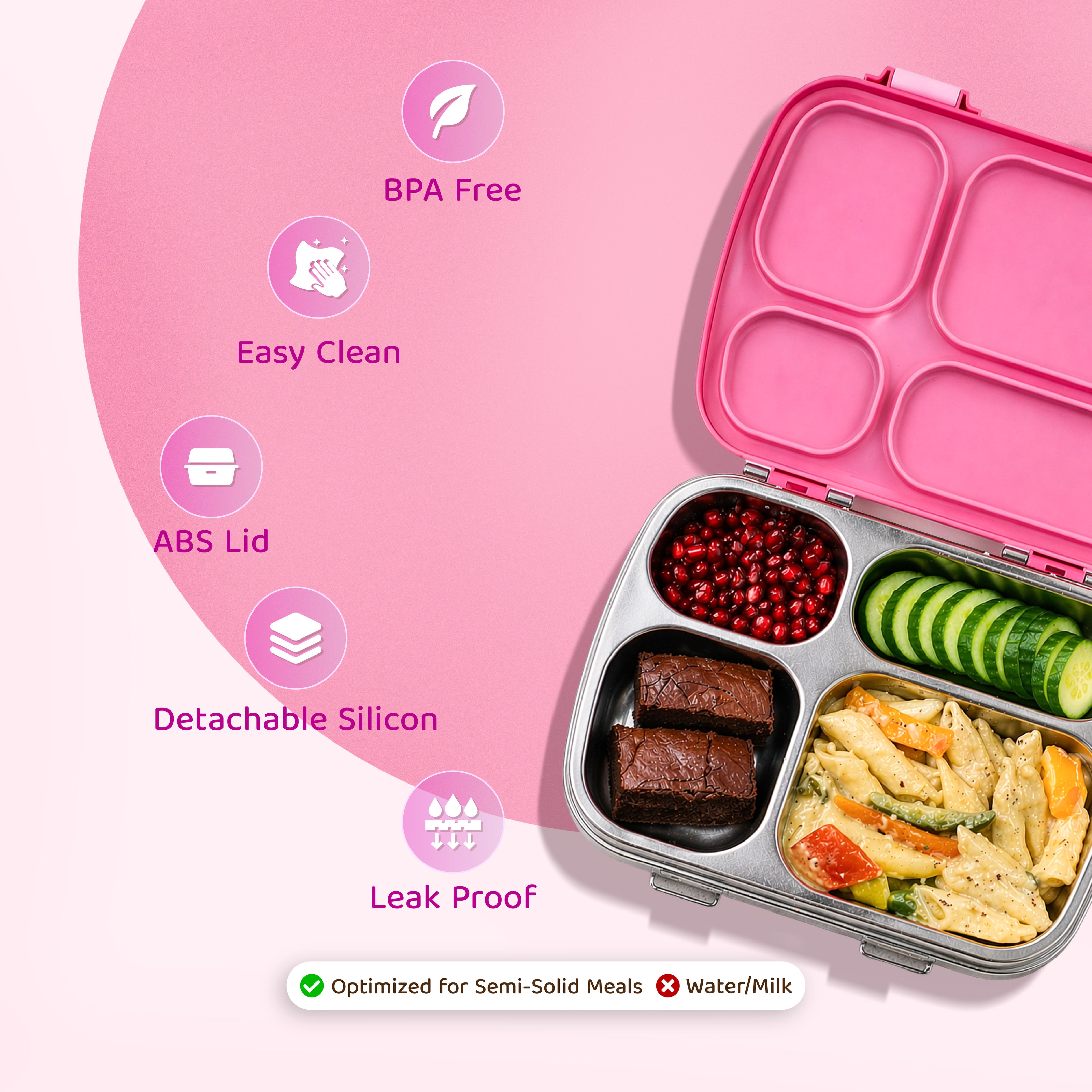 304 Stainless Steel 4 Compartment Leakproof Hot Pink Bento Lunch Box - Bentotss