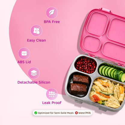 304 Stainless Steel 4 Compartment Leakproof Hot Pink Bento Lunch Box
