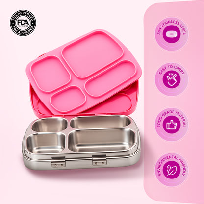 304 Stainless Steel 4 Compartment Leakproof Hot Pink Bento Lunch Box