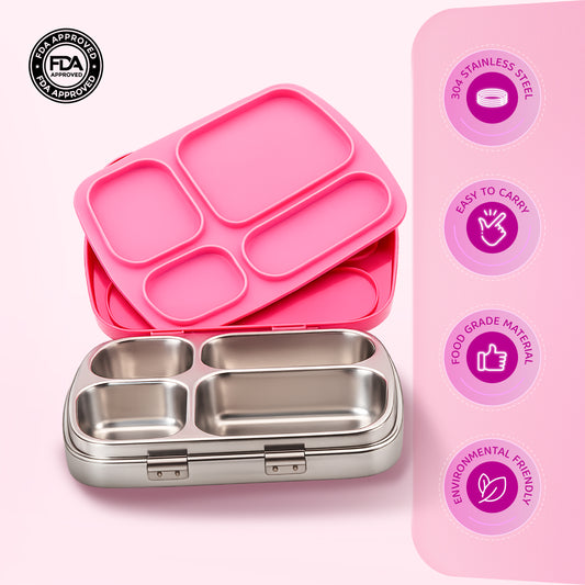 304 Stainless Steel 4 Compartment Leakproof Hot Pink Bento Lunch Box - Bentotss