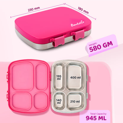 304 Stainless Steel 4 Compartment Leakproof Hot Pink Bento Lunch Box
