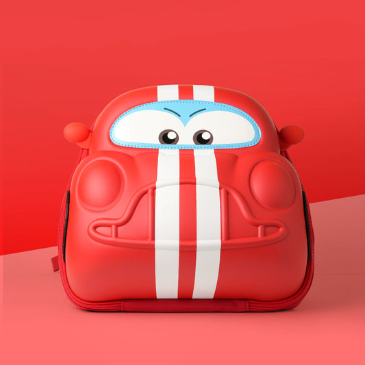 Bentotss Race Ready Red Silicon Bento Bag in a 3D race car shape with white stripes and cartoon eyes, displayed on a red and pink background