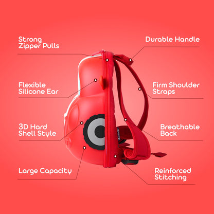 Bentotss Race Ready Red Bento Bag highlighting features: Strong Zipper Pulls, Flexible Silicone Ears, Durable Handle, Firm Shoulder Straps, Breathable Back, and Reinforced Stitching