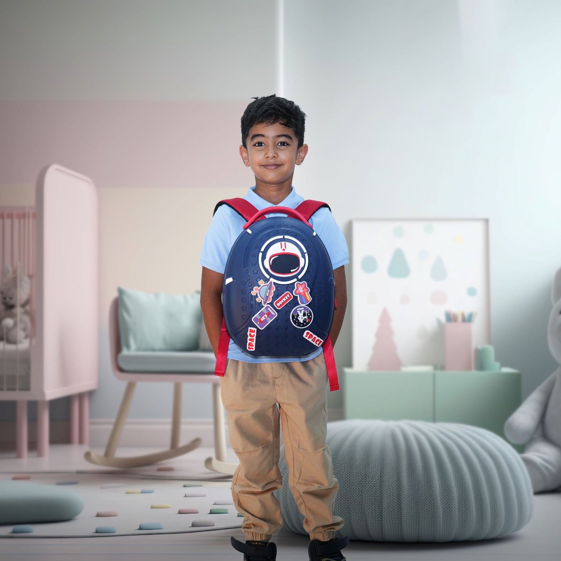 Boy carrying Cosmic Carry Blue Bento Bag space themed school backpack for boy