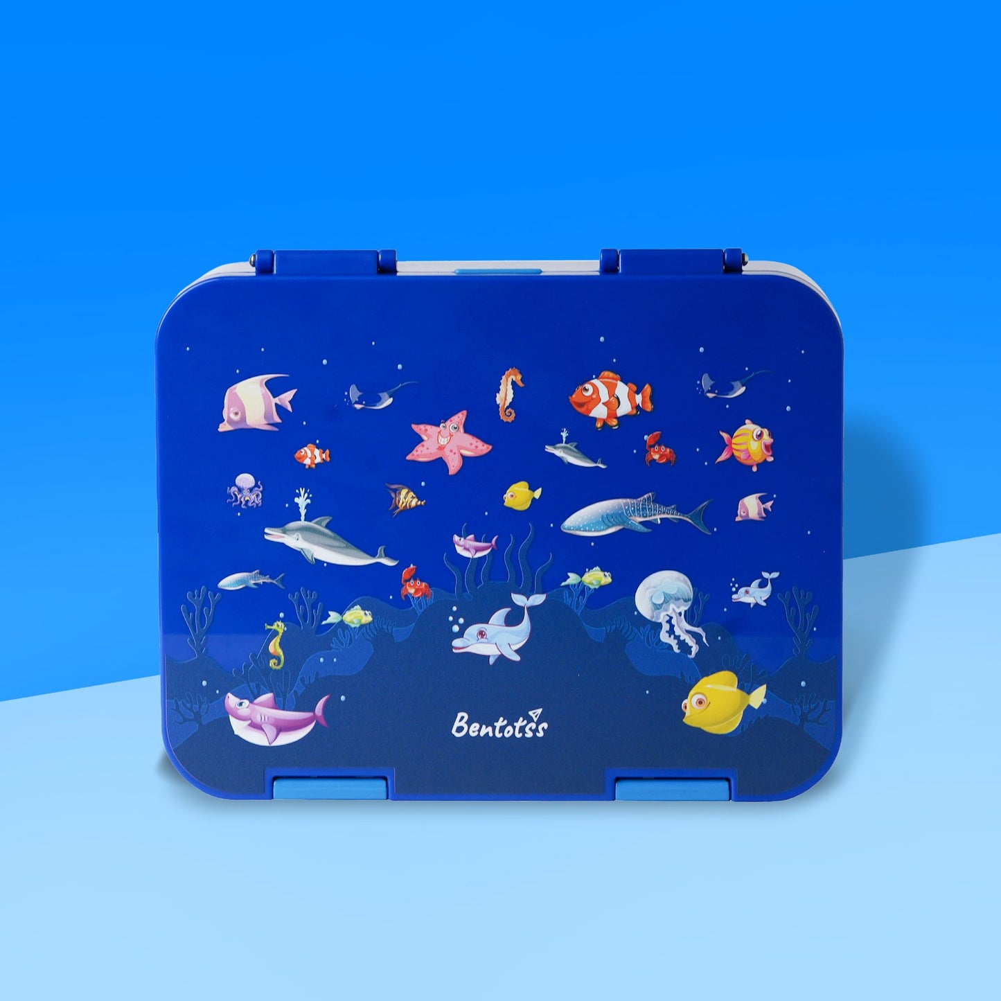 Bento Ocean Splash kids lunchbox by Bentotss in dark blue with underwater sea animal illustrations on a blue background