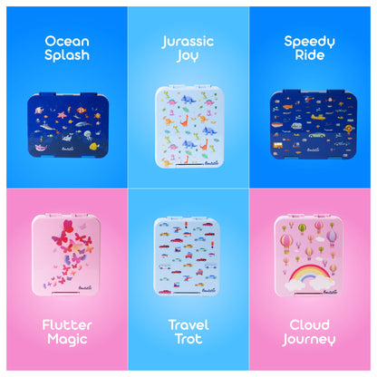 Bento lunchbox collection by Bentotss featuring color variants including Ocean Splash, Jurassic Joy, Flutter Fun, and Cloud Journey
