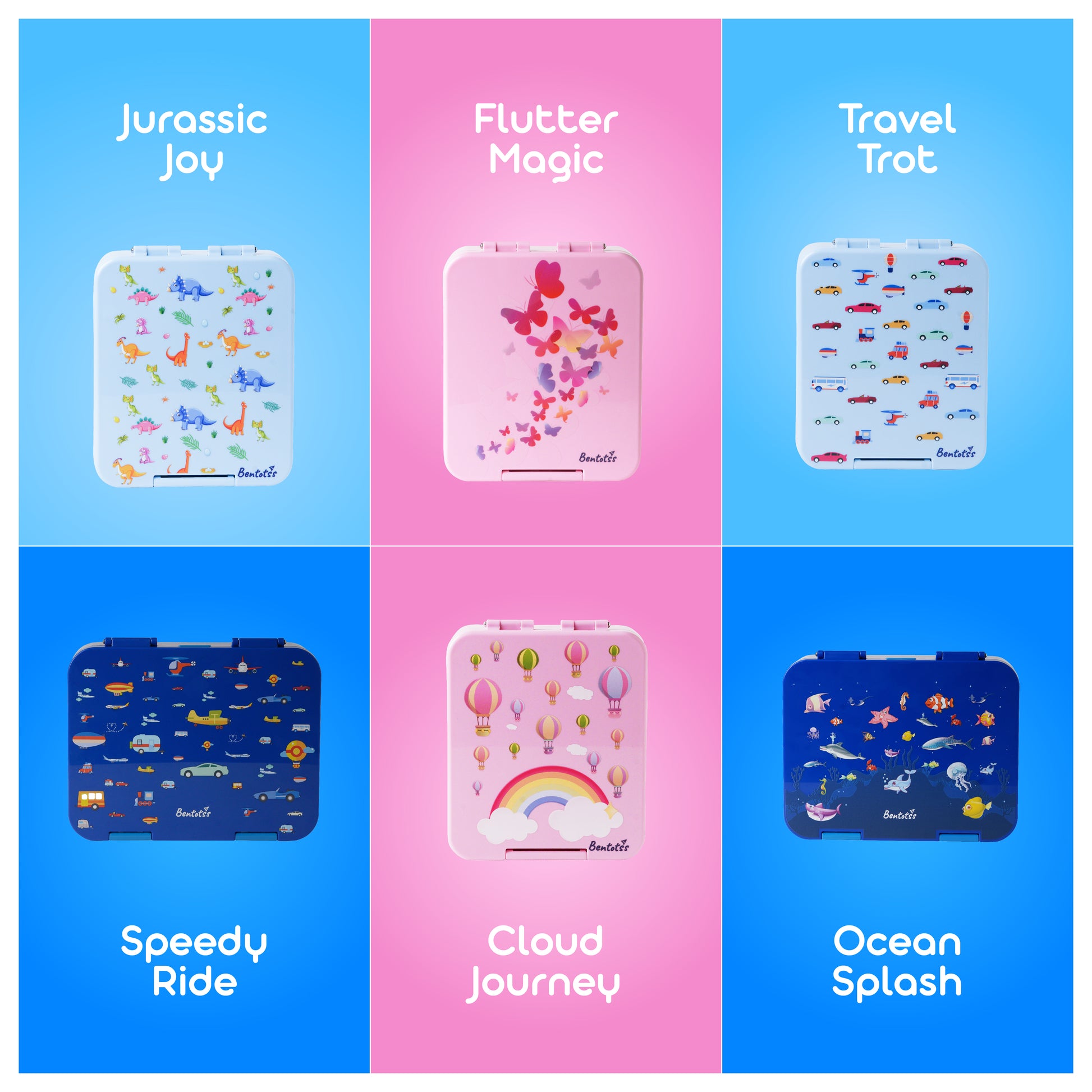 Bento lunchbox color and theme variants by Bentotss including Jurassic Joy, Flutter Fun, Forest Frolic, and Ocean Splash
