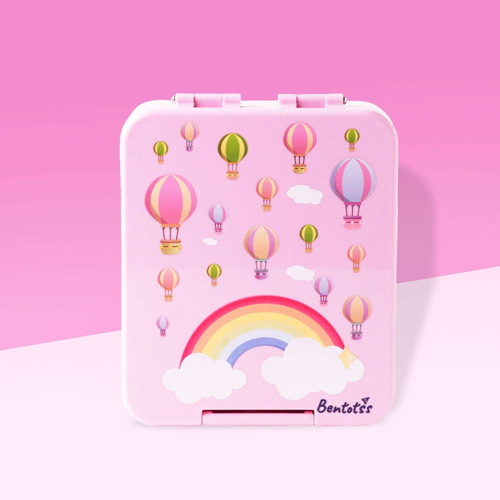 Cloud Journey Pink Bento Box with rainbow and hot air balloon design for kids